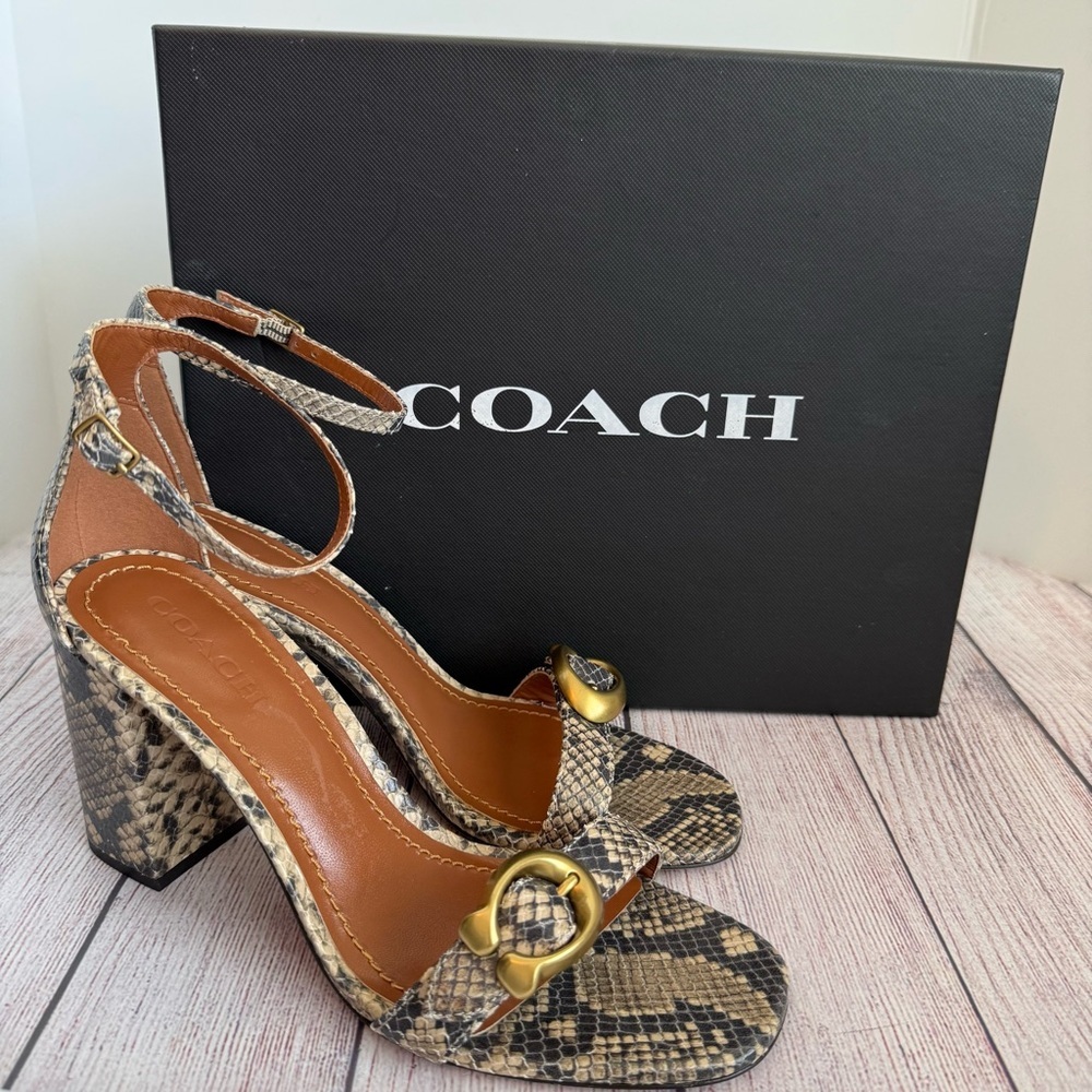 COACH Maya Snakeskin Print Heeled Sandals 9.5